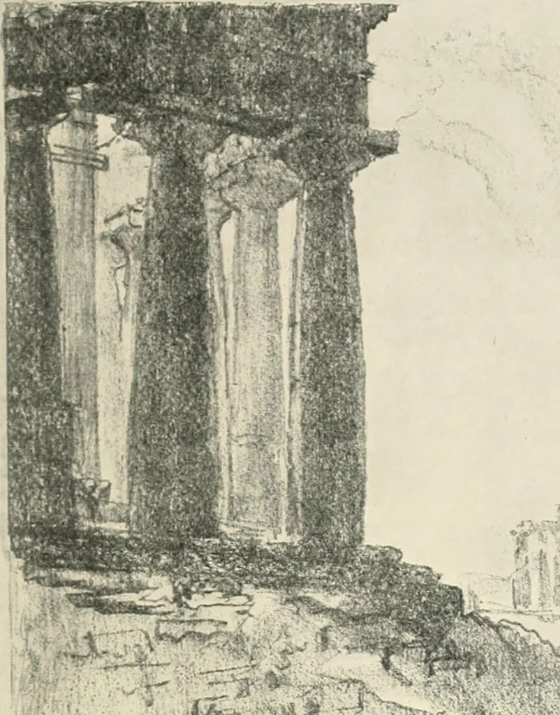 An illustration from Pictures in the Land of Temples; reproductions of a series of lithographs made in the Land of Temples, March-June 1913;, 1915, leaf 84