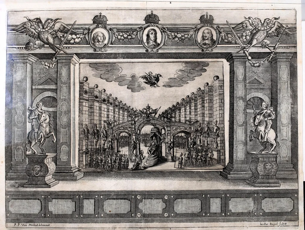 An illustration from Pietas victrix, sive, Flavius Constantinus Magnus, de Maxentio tyranno victor : acta Viennae ludis Caesareis augustissimo romanor. imperatori, Hungariae Bohemiaeque regi Leopoldo, a studiosa juventute Caesarei et Academici collegii Societatis Jesu, mense febrvario, die anno M.DC.LIX, 1659, leaf 113