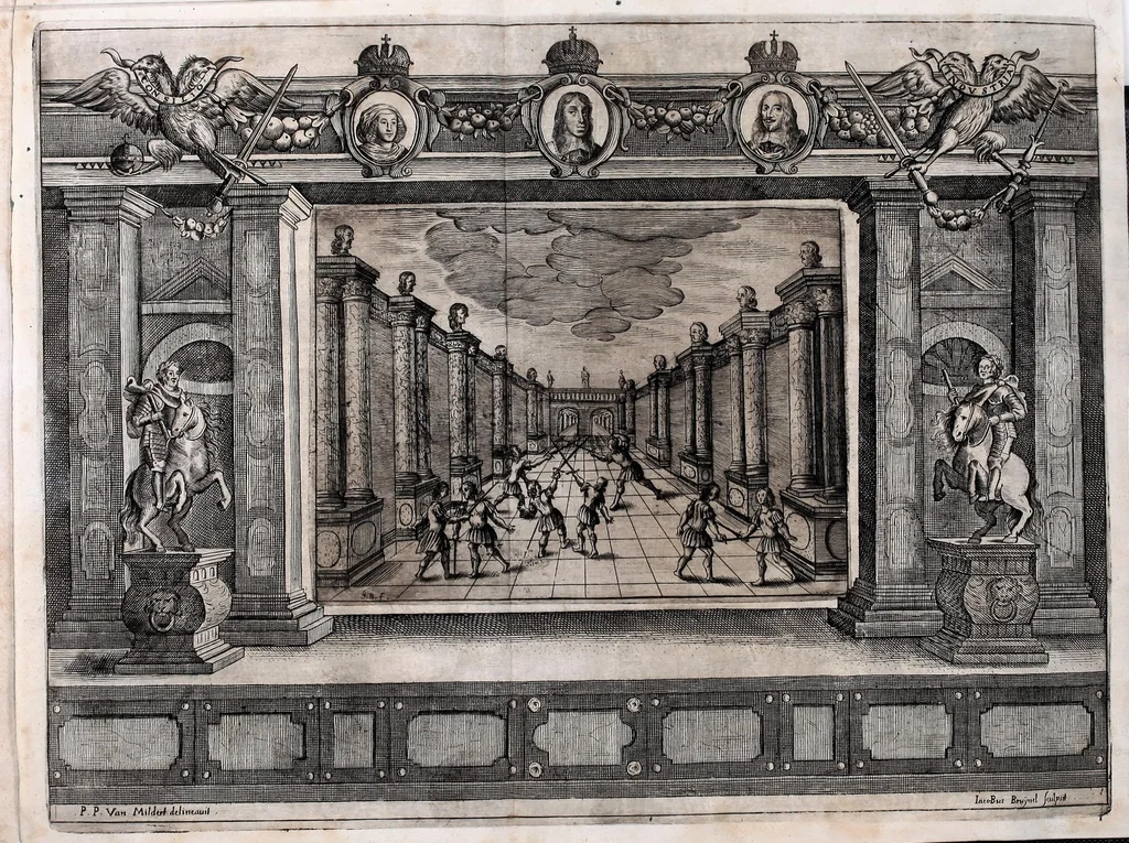 An illustration from Pietas victrix, sive, Flavius Constantinus Magnus, de Maxentio tyranno victor : acta Viennae ludis Caesareis augustissimo romanor. imperatori, Hungariae Bohemiaeque regi Leopoldo, a studiosa juventute Caesarei et Academici collegii Societatis Jesu, mense febrvario, die anno M.DC.LIX, 1659, leaf 12