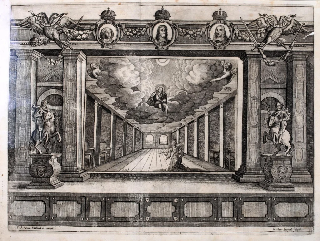 An illustration from Pietas victrix, sive, Flavius Constantinus Magnus, de Maxentio tyranno victor : acta Viennae ludis Caesareis augustissimo romanor. imperatori, Hungariae Bohemiaeque regi Leopoldo, a studiosa juventute Caesarei et Academici collegii Societatis Jesu, mense febrvario, die anno M.DC.LIX, 1659, leaf 120