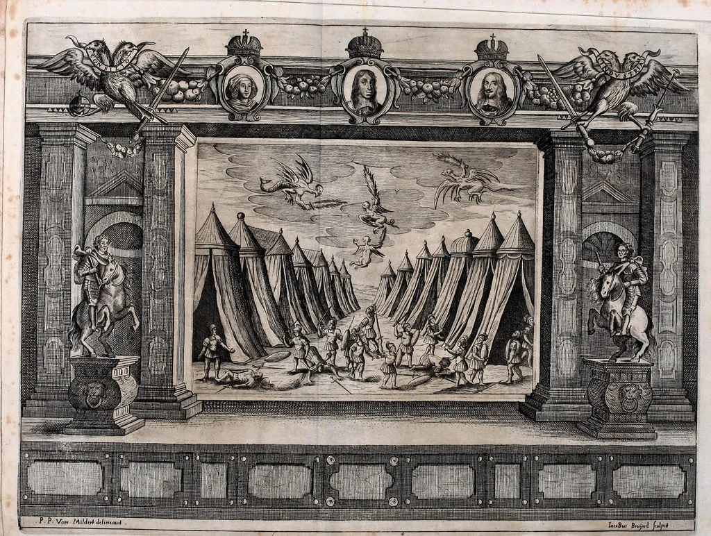 An illustration from Pietas victrix, sive, Flavius Constantinus Magnus, de Maxentio tyranno victor : acta Viennae ludis Caesareis augustissimo romanor. imperatori, Hungariae Bohemiaeque regi Leopoldo, a studiosa juventute Caesarei et Academici collegii Societatis Jesu, mense febrvario, die anno M.DC.LIX, 1659, leaf 55