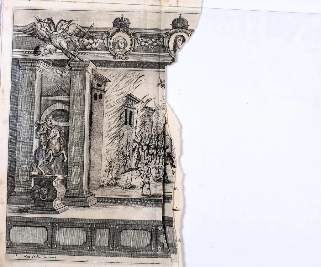 An illustration from Pietas victrix, sive, Flavius Constantinus Magnus, de Maxentio tyranno victor : acta Viennae ludis Caesareis augustissimo romanor. imperatori, Hungariae Bohemiaeque regi Leopoldo, a studiosa juventute Caesarei et Academici collegii Societatis Jesu, mense febrvario, die anno M.DC.LIX, 1659, leaf 63