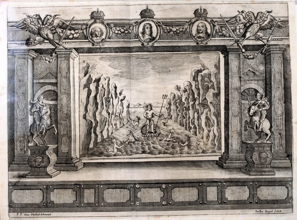 An illustration from Pietas victrix, sive, Flavius Constantinus Magnus, de Maxentio tyranno victor : acta Viennae ludis Caesareis augustissimo romanor. imperatori, Hungariae Bohemiaeque regi Leopoldo, a studiosa juventute Caesarei et Academici collegii Societatis Jesu, mense febrvario, die anno M.DC.LIX, 1659, leaf 81