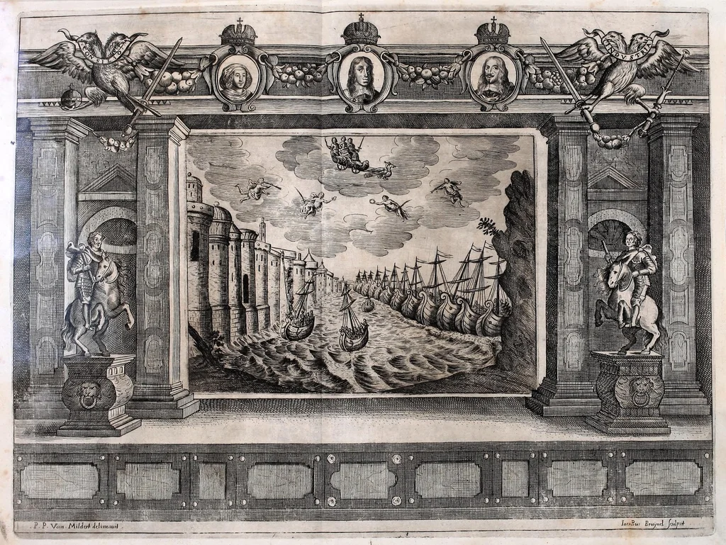 An illustration from Pietas victrix, sive, Flavius Constantinus Magnus, de Maxentio tyranno victor : acta Viennae ludis Caesareis augustissimo romanor. imperatori, Hungariae Bohemiaeque regi Leopoldo, a studiosa juventute Caesarei et Academici collegii Societatis Jesu, mense febrvario, die anno M.DC.LIX, 1659, leaf 98