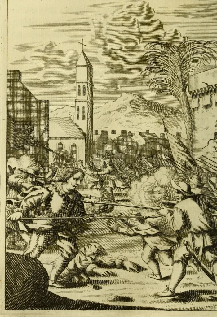 An illustration from Piratas de la America, : y luz à la defensa de las costas de Indias Occidentales. ..., 1681, leaf 252