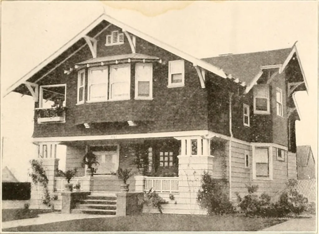 An illustration from The plan book of American dwellings : being a compilation of original home designs, showing actual photographic exteriors and floor plans of moderately priced bungalows, cottages, residences, 1914, leaf 10