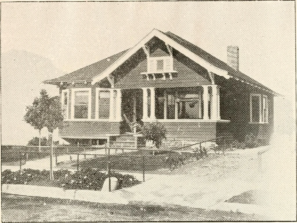 An illustration from The plan book of American dwellings : being a compilation of original home designs, showing actual photographic exteriors and floor plans of moderately priced bungalows, cottages, residences, 1914, leaf 104