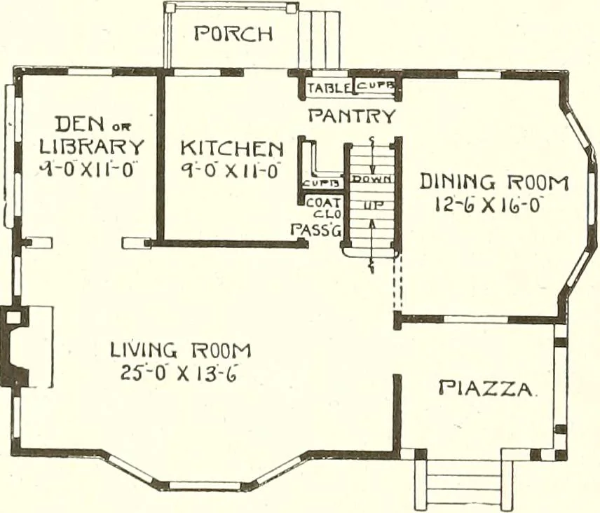 An illustration from The plan book of American dwellings : being a compilation of original home designs, showing actual photographic exteriors and floor plans of moderately priced bungalows, cottages, residences, 1914, leaf 105