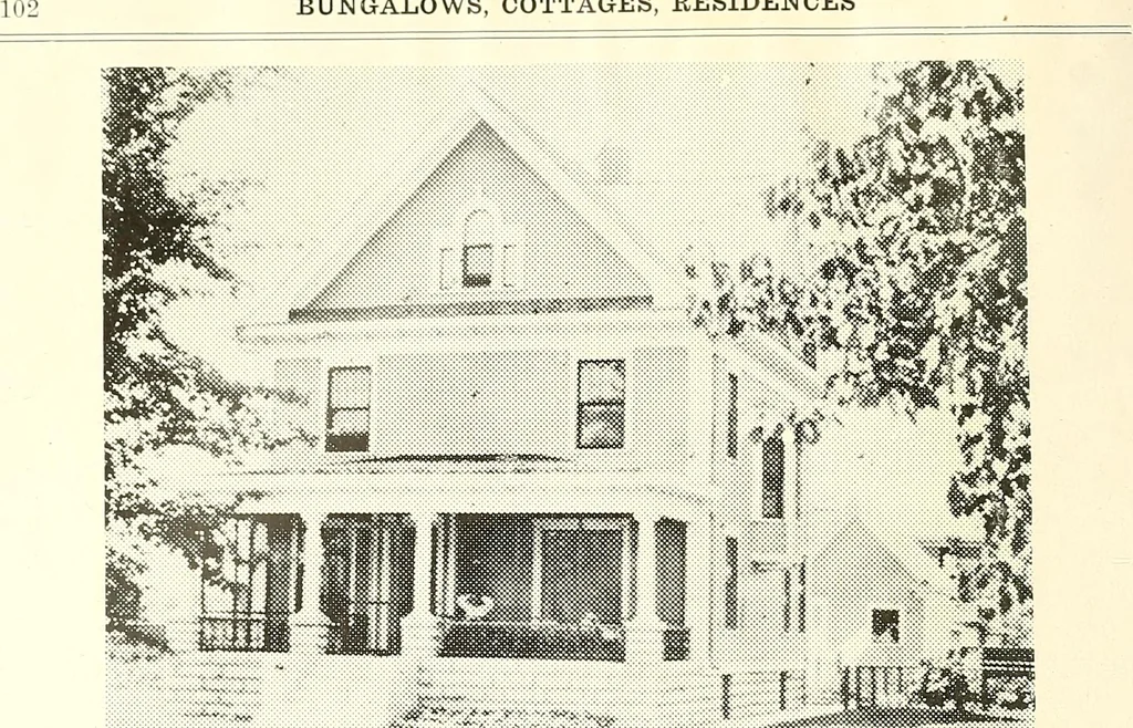 An illustration from The plan book of American dwellings : being a compilation of original home designs, showing actual photographic exteriors and floor plans of moderately priced bungalows, cottages, residences, 1914, leaf 107