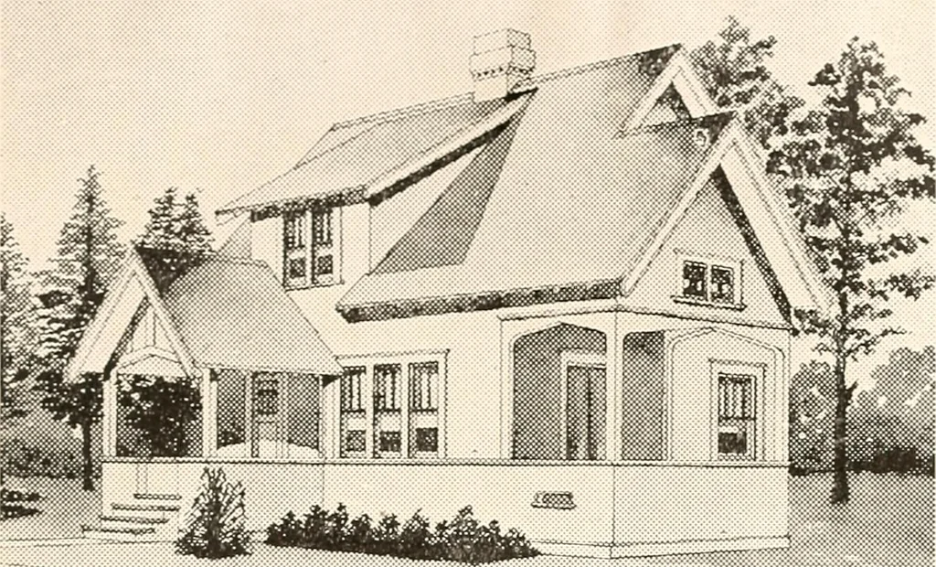 An illustration from The plan book of American dwellings : being a compilation of original home designs, showing actual photographic exteriors and floor plans of moderately priced bungalows, cottages, residences, 1914, leaf 108