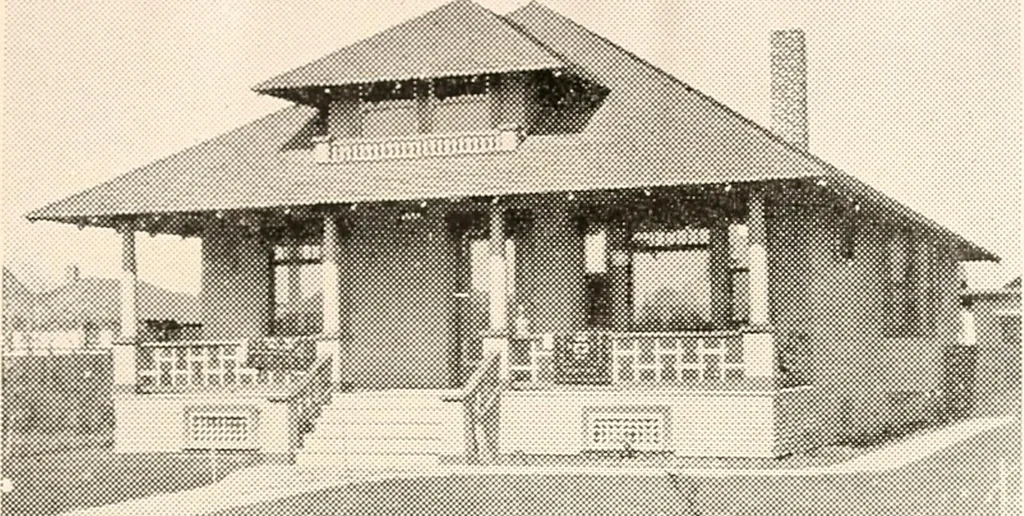 An illustration from The plan book of American dwellings : being a compilation of original home designs, showing actual photographic exteriors and floor plans of moderately priced bungalows, cottages, residences, 1914, leaf 110