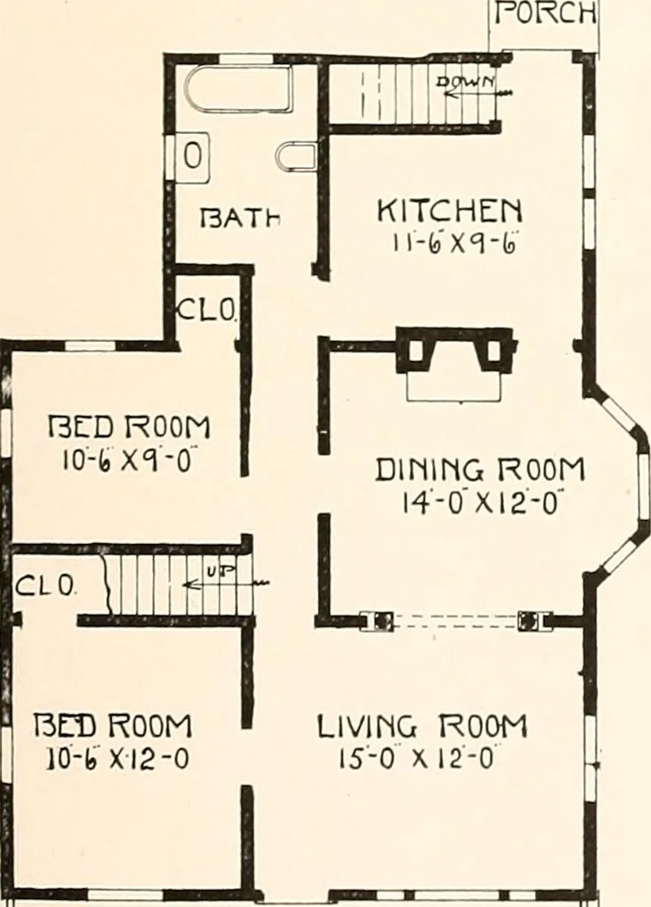 An illustration from The plan book of American dwellings : being a compilation of original home designs, showing actual photographic exteriors and floor plans of moderately priced bungalows, cottages, residences, 1914, leaf 110
