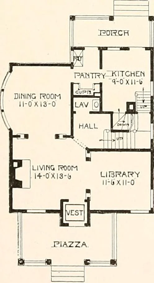 An illustration from The plan book of American dwellings : being a compilation of original home designs, showing actual photographic exteriors and floor plans of moderately priced bungalows, cottages, residences, 1914, leaf 112