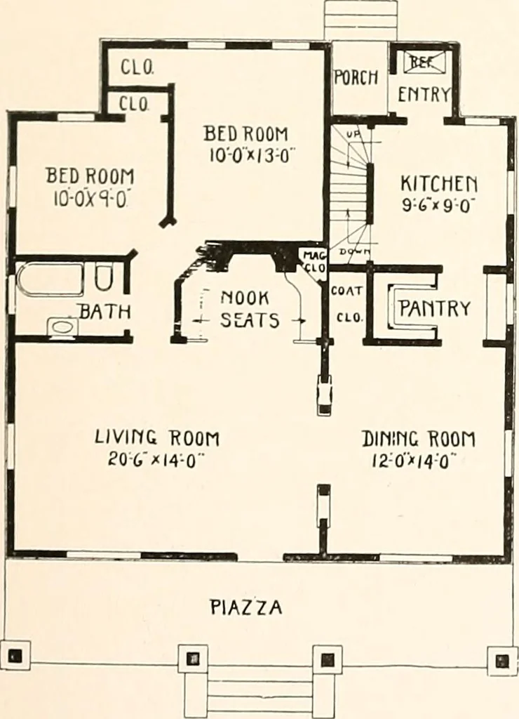 An illustration from The plan book of American dwellings : being a compilation of original home designs, showing actual photographic exteriors and floor plans of moderately priced bungalows, cottages, residences, 1914, leaf 122