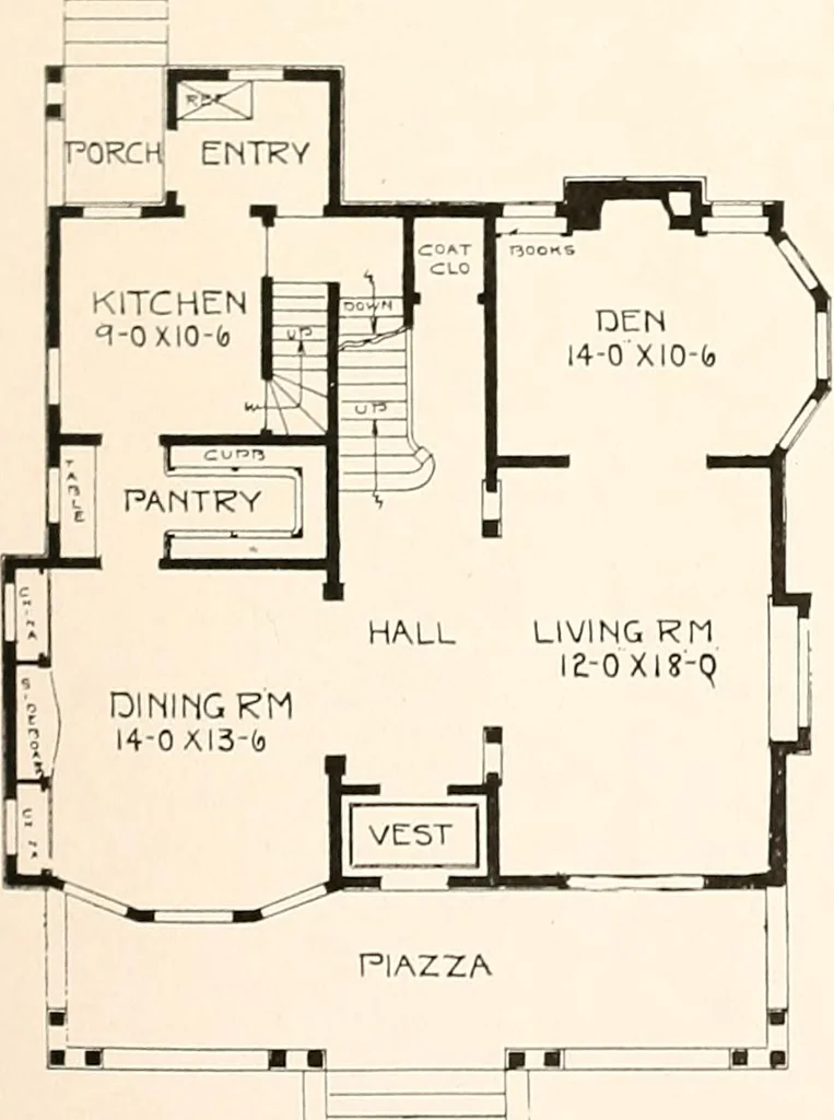 An illustration from The plan book of American dwellings : being a compilation of original home designs, showing actual photographic exteriors and floor plans of moderately priced bungalows, cottages, residences, 1914, leaf 130