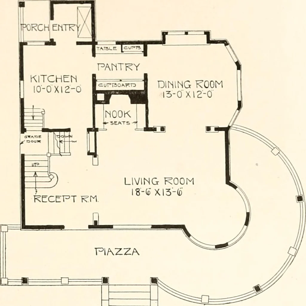An illustration from The plan book of American dwellings : being a compilation of original home designs, showing actual photographic exteriors and floor plans of moderately priced bungalows, cottages, residences, 1914, leaf 132
