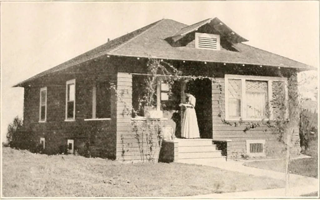 An illustration from The plan book of American dwellings : being a compilation of original home designs, showing actual photographic exteriors and floor plans of moderately priced bungalows, cottages, residences, 1914, leaf 134