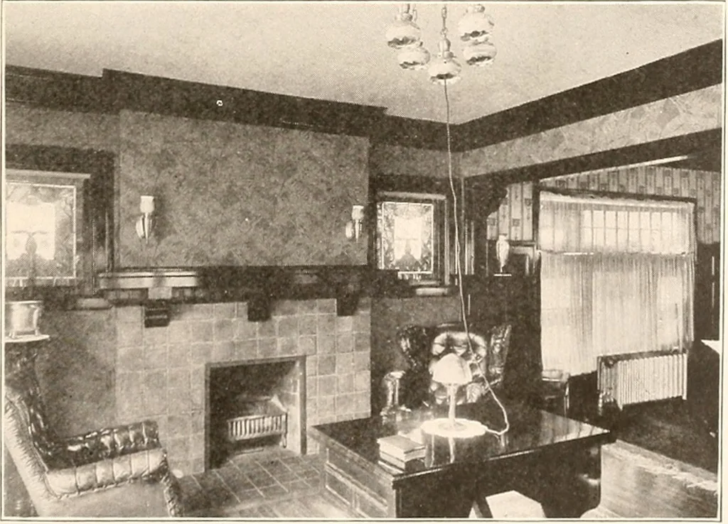 An illustration from The plan book of American dwellings : being a compilation of original home designs, showing actual photographic exteriors and floor plans of moderately priced bungalows, cottages, residences, 1914, leaf 14