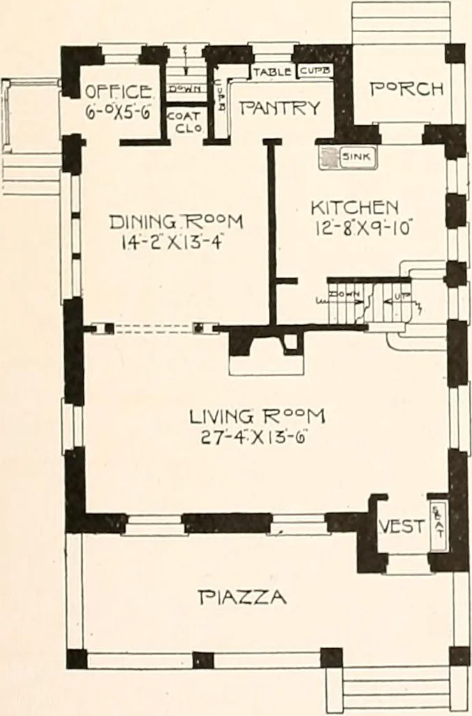 An illustration from The plan book of American dwellings : being a compilation of original home designs, showing actual photographic exteriors and floor plans of moderately priced bungalows, cottages, residences, 1914, leaf 140