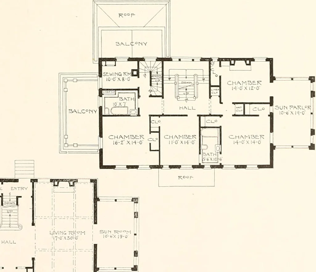 An illustration from The plan book of American dwellings : being a compilation of original home designs, showing actual photographic exteriors and floor plans of moderately priced bungalows, cottages, residences, 1914, leaf 142
