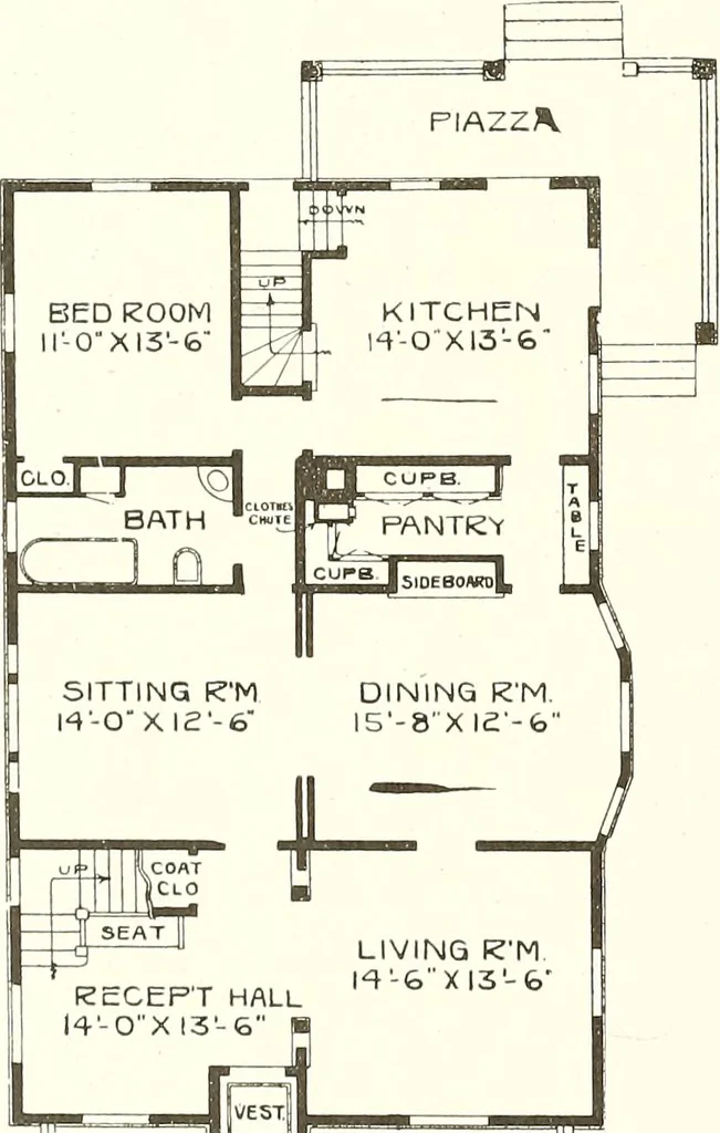 An illustration from The plan book of American dwellings : being a compilation of original home designs, showing actual photographic exteriors and floor plans of moderately priced bungalows, cottages, residences, 1914, leaf 143