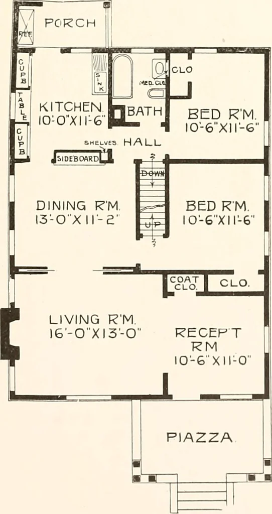An illustration from The plan book of American dwellings : being a compilation of original home designs, showing actual photographic exteriors and floor plans of moderately priced bungalows, cottages, residences, 1914, leaf 158