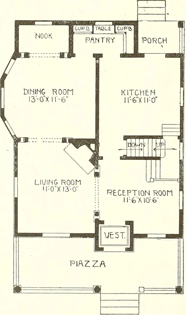 An illustration from The plan book of American dwellings : being a compilation of original home designs, showing actual photographic exteriors and floor plans of moderately priced bungalows, cottages, residences, 1914, leaf 159