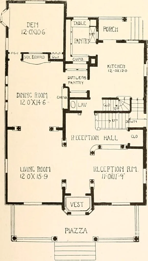 An illustration from The plan book of American dwellings : being a compilation of original home designs, showing actual photographic exteriors and floor plans of moderately priced bungalows, cottages, residences, 1914, leaf 168