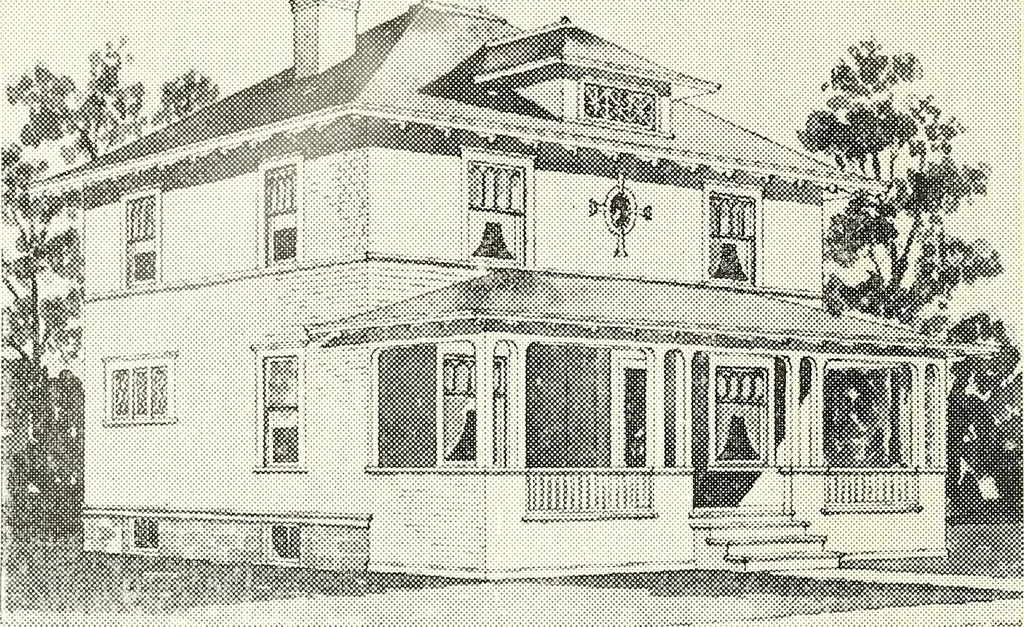 An illustration from The plan book of American dwellings : being a compilation of original home designs, showing actual photographic exteriors and floor plans of moderately priced bungalows, cottages, residences, 1914, leaf 169