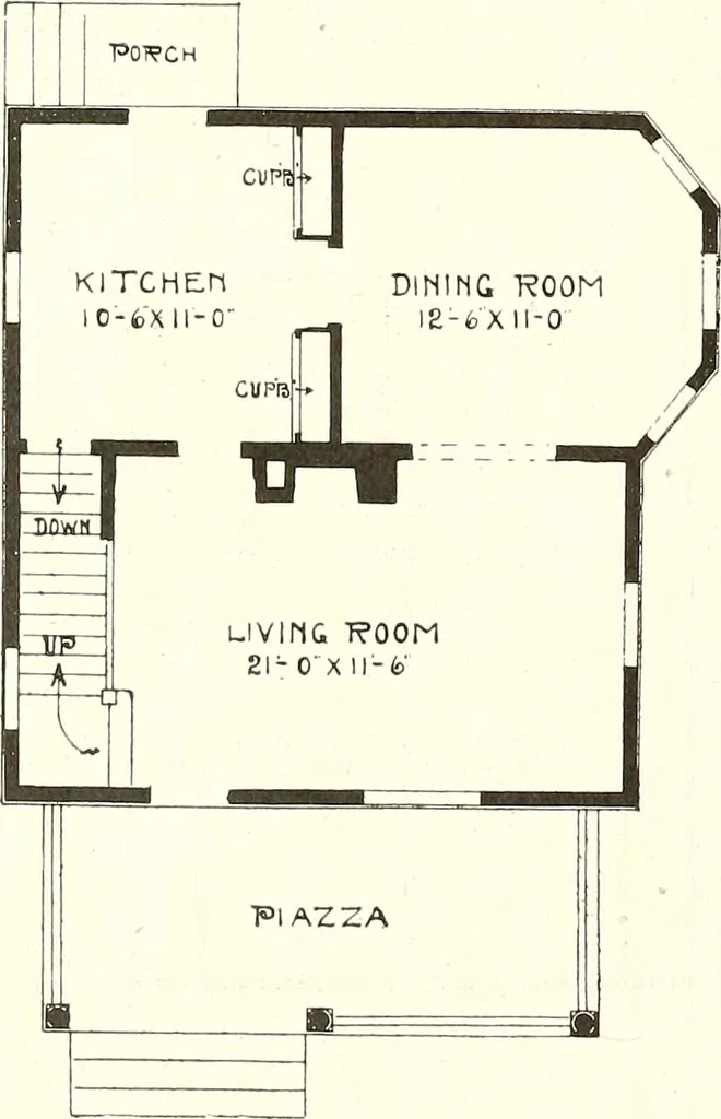 An illustration from The plan book of American dwellings : being a compilation of original home designs, showing actual photographic exteriors and floor plans of moderately priced bungalows, cottages, residences, 1914, leaf 173