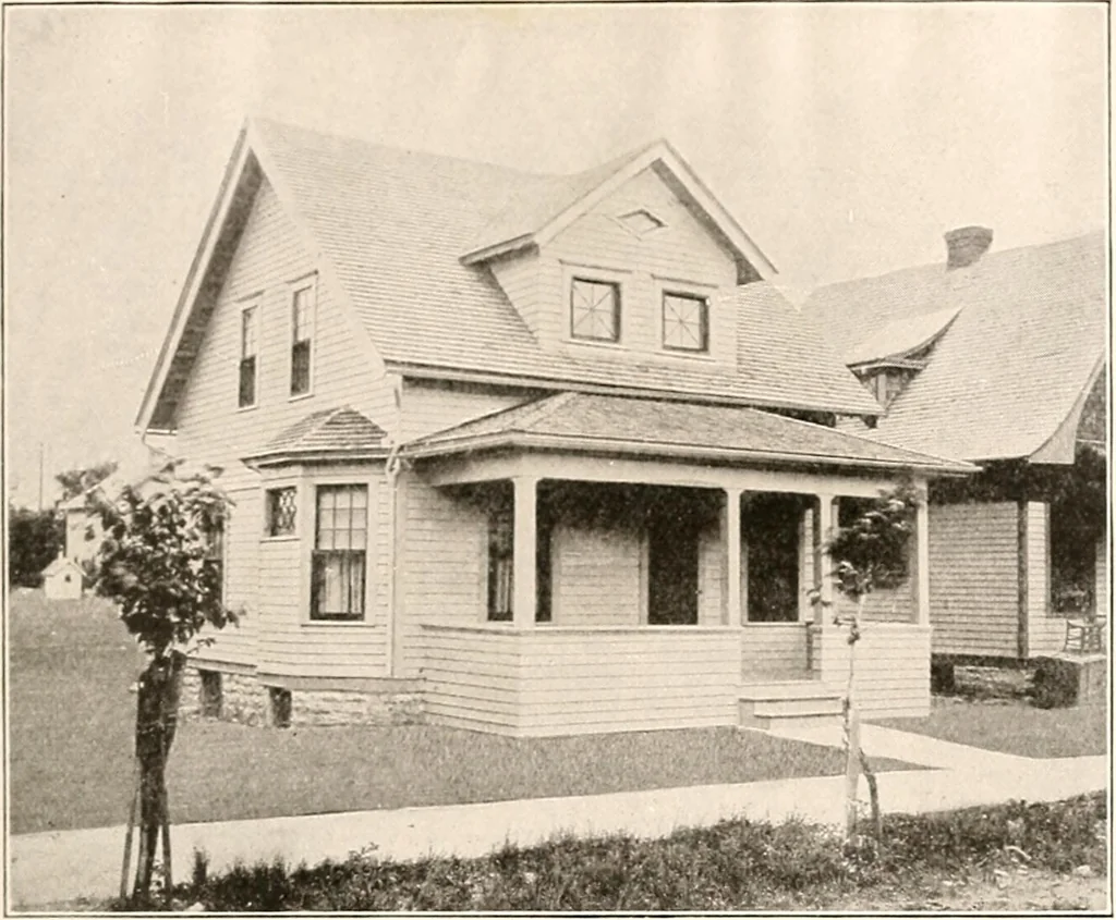 An illustration from The plan book of American dwellings : being a compilation of original home designs, showing actual photographic exteriors and floor plans of moderately priced bungalows, cottages, residences, 1914, leaf 174