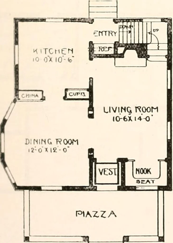 An illustration from The plan book of American dwellings : being a compilation of original home designs, showing actual photographic exteriors and floor plans of moderately priced bungalows, cottages, residences, 1914, leaf 174