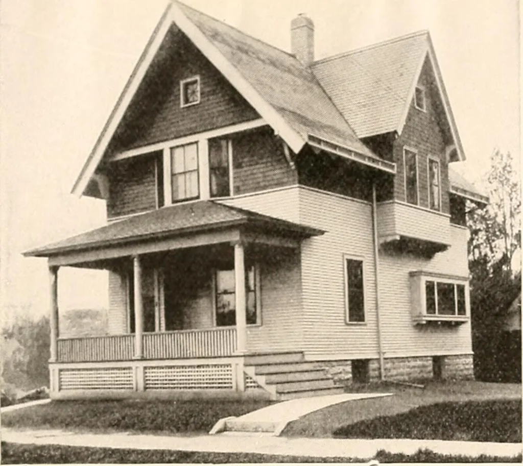 An illustration from The plan book of American dwellings : being a compilation of original home designs, showing actual photographic exteriors and floor plans of moderately priced bungalows, cottages, residences, 1914, leaf 176