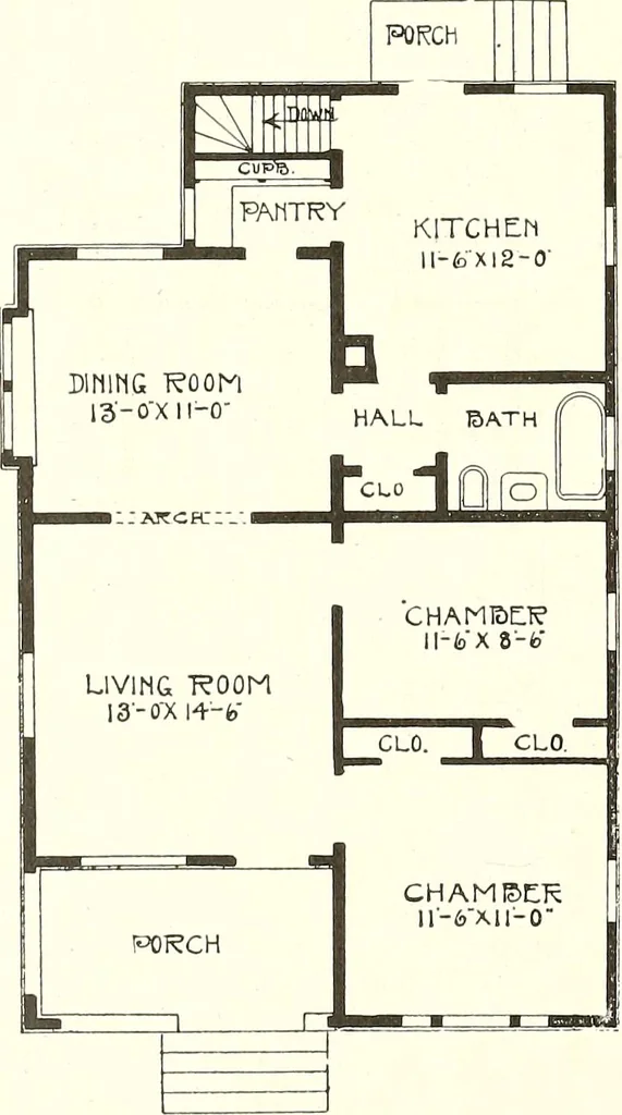 An illustration from The plan book of American dwellings : being a compilation of original home designs, showing actual photographic exteriors and floor plans of moderately priced bungalows, cottages, residences, 1914, leaf 177