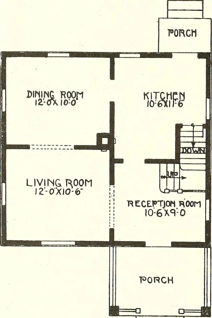 An illustration from The plan book of American dwellings : being a compilation of original home designs, showing actual photographic exteriors and floor plans of moderately priced bungalows, cottages, residences, 1914, leaf 185