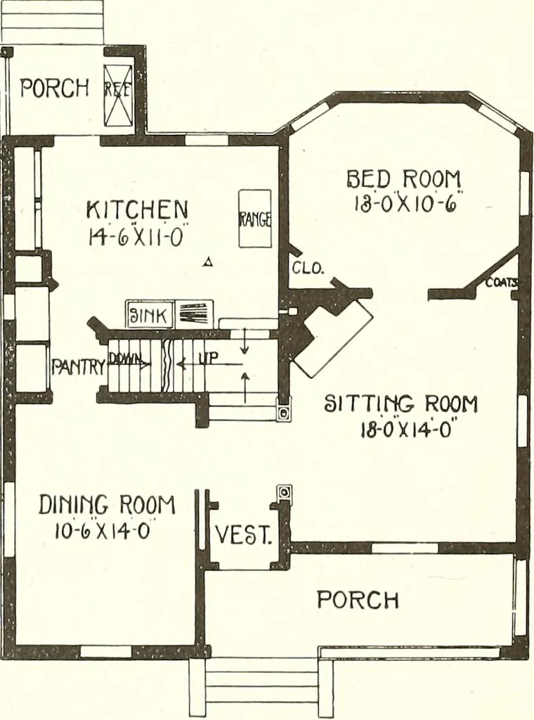 An illustration from The plan book of American dwellings : being a compilation of original home designs, showing actual photographic exteriors and floor plans of moderately priced bungalows, cottages, residences, 1914, leaf 187