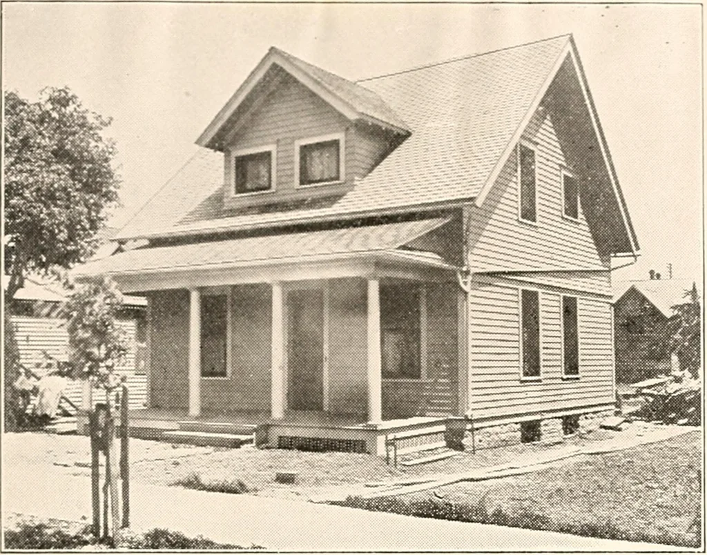 An illustration from The plan book of American dwellings : being a compilation of original home designs, showing actual photographic exteriors and floor plans of moderately priced bungalows, cottages, residences, 1914, leaf 188