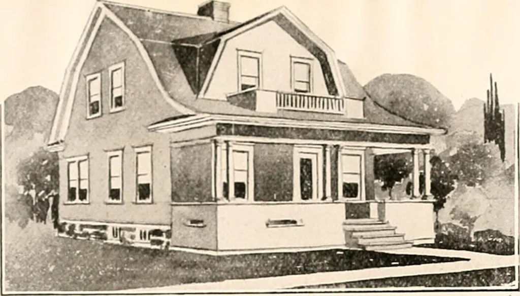 An illustration from The plan book of American dwellings : being a compilation of original home designs, showing actual photographic exteriors and floor plans of moderately priced bungalows, cottages, residences, 1914, leaf 190