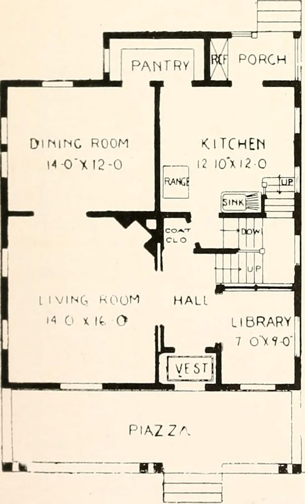 An illustration from The plan book of American dwellings : being a compilation of original home designs, showing actual photographic exteriors and floor plans of moderately priced bungalows, cottages, residences, 1914, leaf 190
