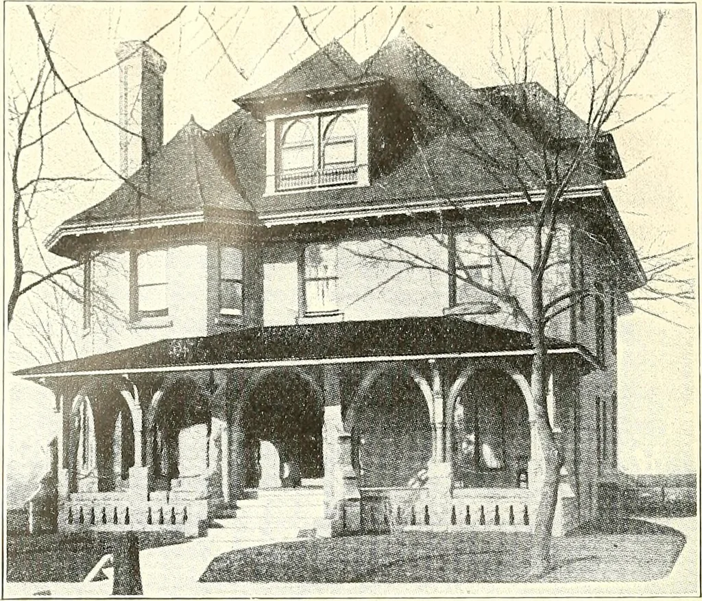 An illustration from The plan book of American dwellings : being a compilation of original home designs, showing actual photographic exteriors and floor plans of moderately priced bungalows, cottages, residences, 1914, leaf 191