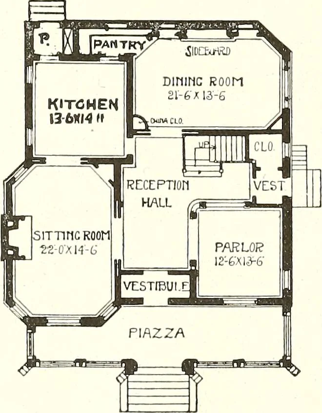 An illustration from The plan book of American dwellings : being a compilation of original home designs, showing actual photographic exteriors and floor plans of moderately priced bungalows, cottages, residences, 1914, leaf 191