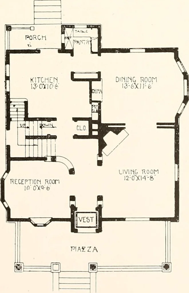 An illustration from The plan book of American dwellings : being a compilation of original home designs, showing actual photographic exteriors and floor plans of moderately priced bungalows, cottages, residences, 1914, leaf 192