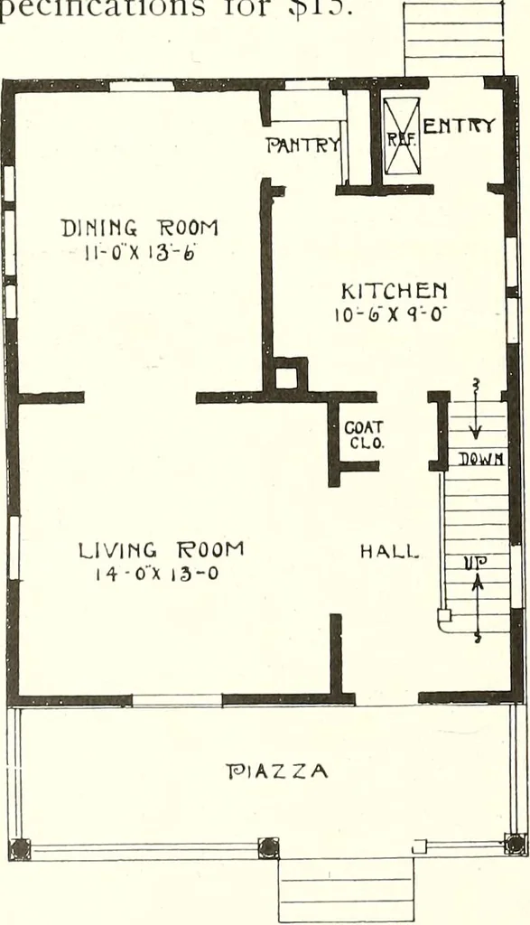 An illustration from The plan book of American dwellings : being a compilation of original home designs, showing actual photographic exteriors and floor plans of moderately priced bungalows, cottages, residences, 1914, leaf 193
