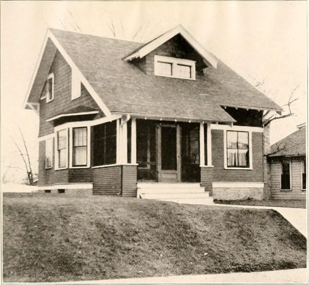 An illustration from The plan book of American dwellings : being a compilation of original home designs, showing actual photographic exteriors and floor plans of moderately priced bungalows, cottages, residences, 1914, leaf 194