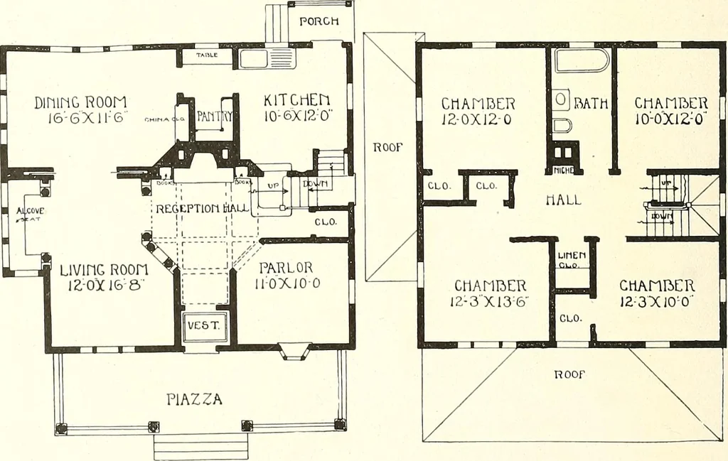 An illustration from The plan book of American dwellings : being a compilation of original home designs, showing actual photographic exteriors and floor plans of moderately priced bungalows, cottages, residences, 1914, leaf 195