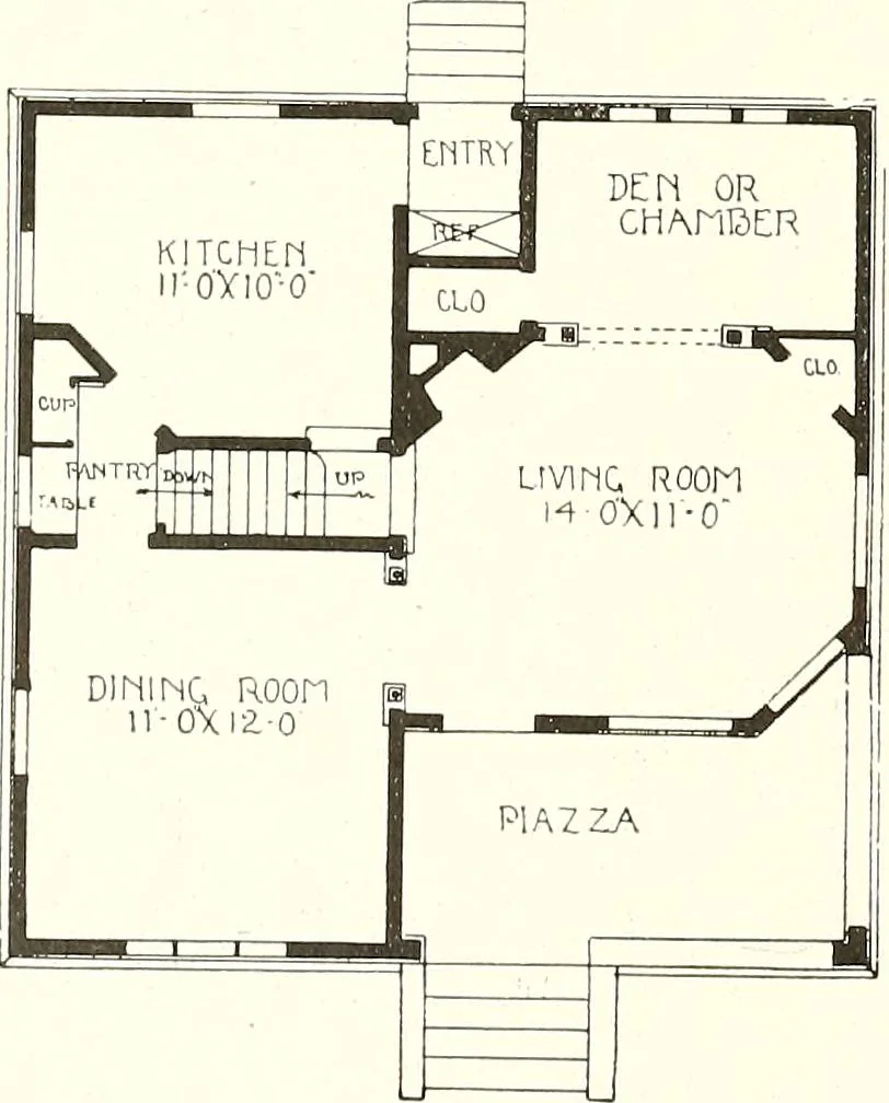 An illustration from The plan book of American dwellings : being a compilation of original home designs, showing actual photographic exteriors and floor plans of moderately priced bungalows, cottages, residences, 1914, leaf 197