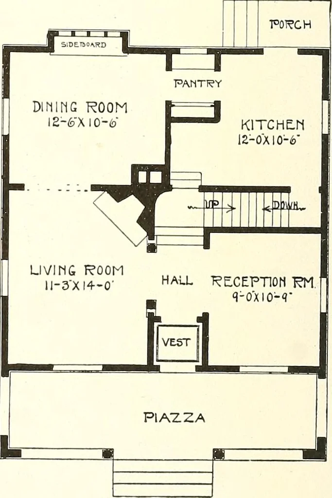 An illustration from The plan book of American dwellings : being a compilation of original home designs, showing actual photographic exteriors and floor plans of moderately priced bungalows, cottages, residences, 1914, leaf 199