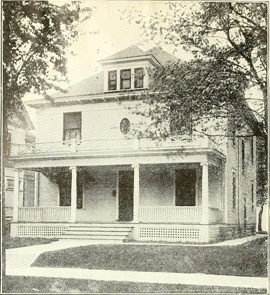 An illustration from The plan book of American dwellings : being a compilation of original home designs, showing actual photographic exteriors and floor plans of moderately priced bungalows, cottages, residences, 1914, leaf 203