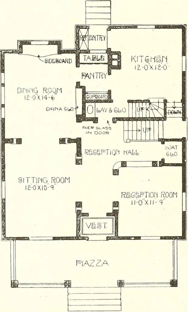An illustration from The plan book of American dwellings : being a compilation of original home designs, showing actual photographic exteriors and floor plans of moderately priced bungalows, cottages, residences, 1914, leaf 203