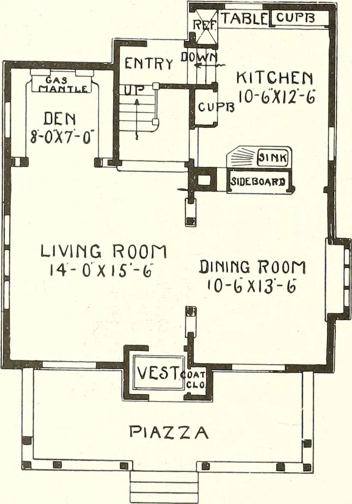 An illustration from The plan book of American dwellings : being a compilation of original home designs, showing actual photographic exteriors and floor plans of moderately priced bungalows, cottages, residences, 1914, leaf 205